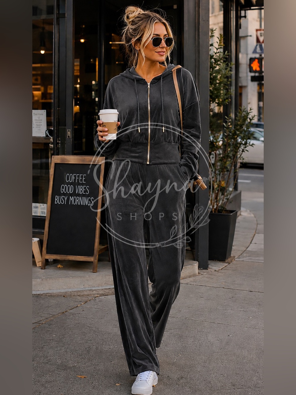 Zenana Black Velvet Zip-Front Hoodie & Wide Leg Pants 2 Piece Set